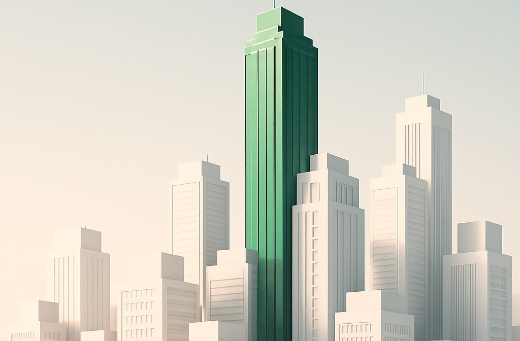  tall green sky scraper standing out among shorter white buildings 