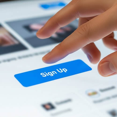 a hand over a touchscreen showing sign-up button-1