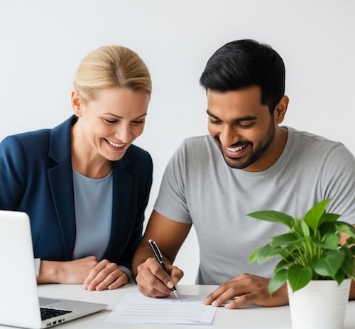 professional woman watching a man sign a contract-1