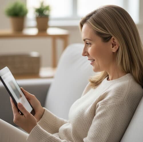 woman looking at a tablet screen at home